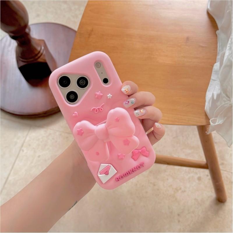 Cute Pink Bow Foldable Stand Phone Case for iPhone 12 13 14 15 16 17 Pro Max 14 15 Plus Soft Silicone Anti-drop Cover