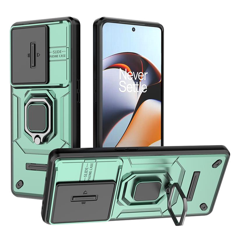 

Для OnePlus 12 12R 11 11R Battle Bear Slide Push Window ТПУ + ПК Протиударне металеве кільце Автомобіль Магнітна адсорбція Стенд Задня кришка корпусу For OnePlus 12R зелений