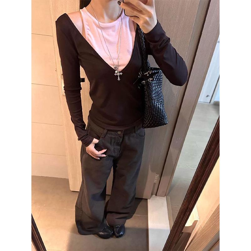 Women s Autumn V-Neck Halterneck Patchwork Long Sleeve Top, 260g, Free Cut, Fake Two-Piece Design. M