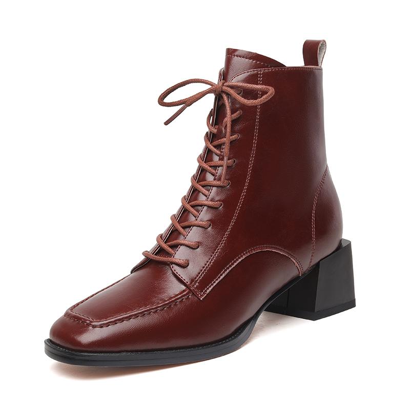 Fashion 2024 New Autumn Women Boots Genuine Leather Shoes for Women Square Toe Chunky Heel Shoes Lace-up Chelsea Ankle Boots Western