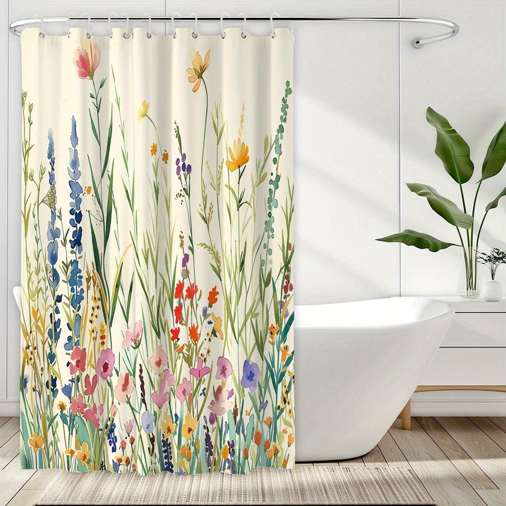 1Pc Herbs & Flowers Shower Curtain - Polyester, 71X71", 12 Hooks, Vibrant Botanical Design, Modern/Rustic Bathrooms