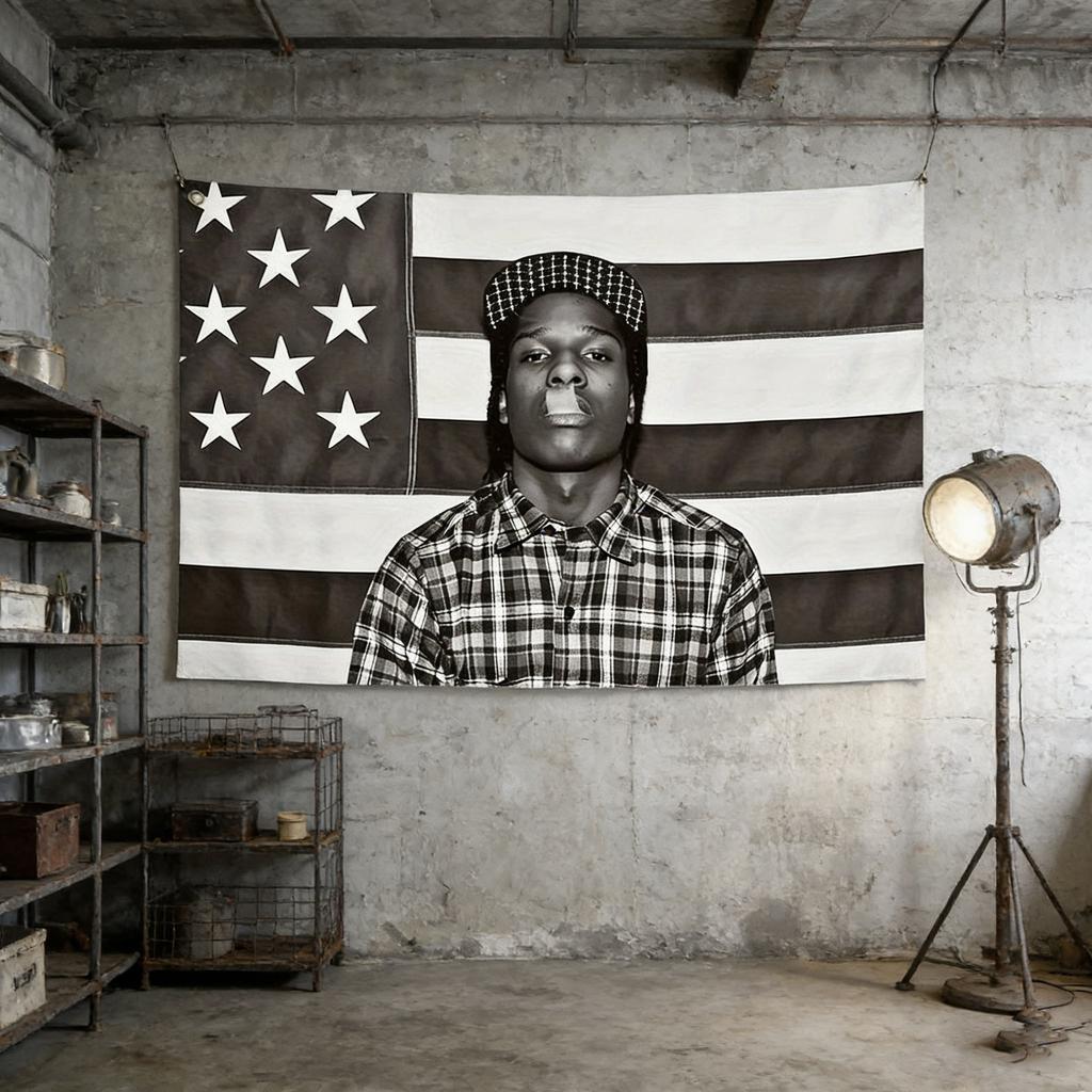 ASAP Rocky Rakim Mayers Gobelín Hip Hop Rapová Hudba Nástěnná Vlajka Černá Bílá Šedá Umění pro Ložnici Kolejní Dekor