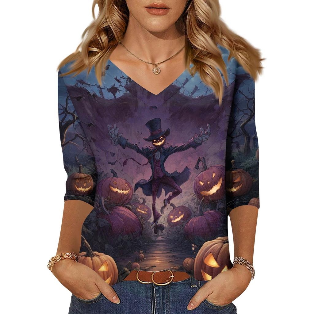 Damenoberteile Dreiviertelarmhemd V-Ausschnitt Lockeres Freizeitshirt Druck T-Shirt