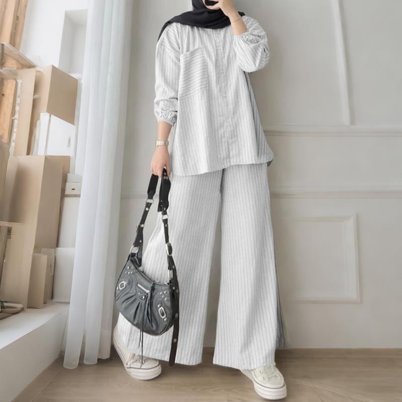 

Жіноча блуза з довгим рукавом і брюки ZANZEA повсякденного костюма з двох предметів 5XL білий