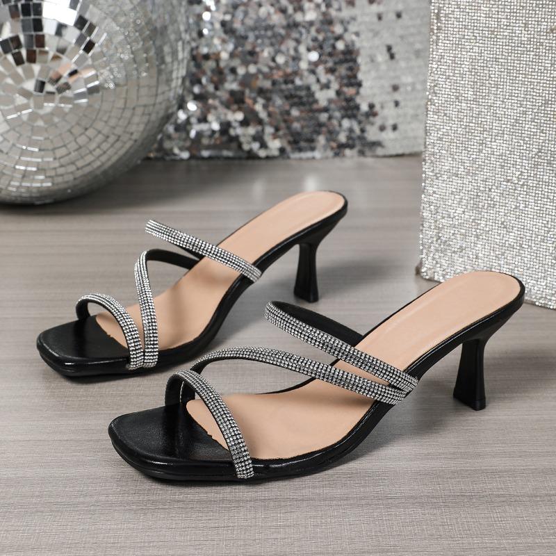 Fashion Temperament Slippers Women Wear in Summer New Square-toe Rhinestone Thin-strap High-heeled Non-slip Flip-flops