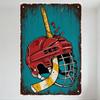 Vintage Distressed Hockey Helmet Metal Sign with Rusty Border Teal Background - Hockey Stick Impact Art for Man Cave Bar Pub Wal