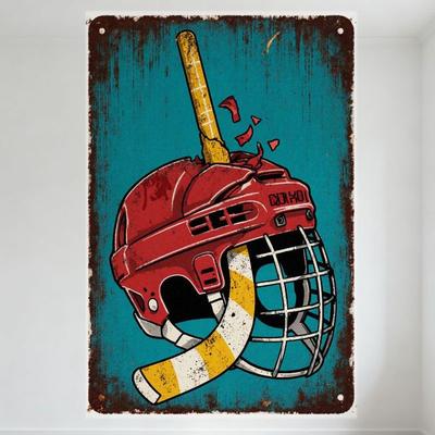 Vintage Abgenutztes Eishockeyhelm Metallschild mit Rostigem Rand Türkiser Hintergrund - Hockeyschläger Einschlag Kunst für Man Cave Bar Pub Wal