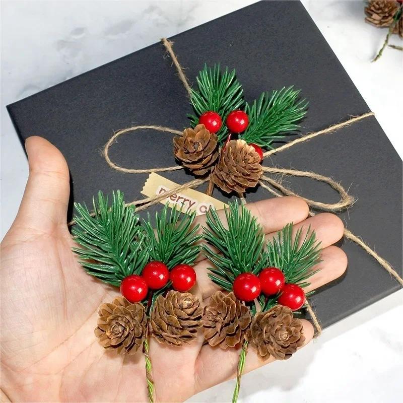 10Pcs Artificial Christmas Pine Needles Simulation Pine Cone with Holly Branches Xmas Gifts Home Party Decoration Flower Crafts