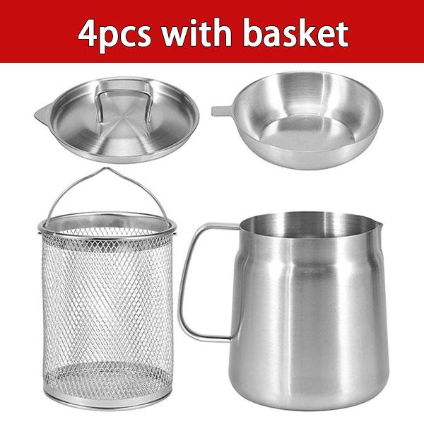 2.0L Stainless Steel Oil Filter Pot Oil Storage Pot Grease Keeper w Lid & frying Basket Oil Filter Vessel Bacon Grease Container