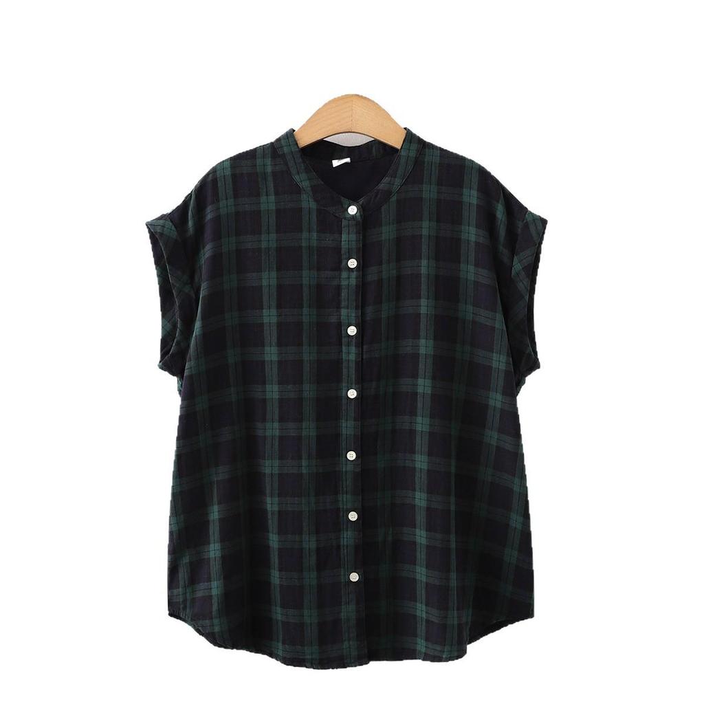 Japanese Minimalist Plaid Women's Sleeveless Stand Collar Shirt & Classic Short Sleeve Shirt