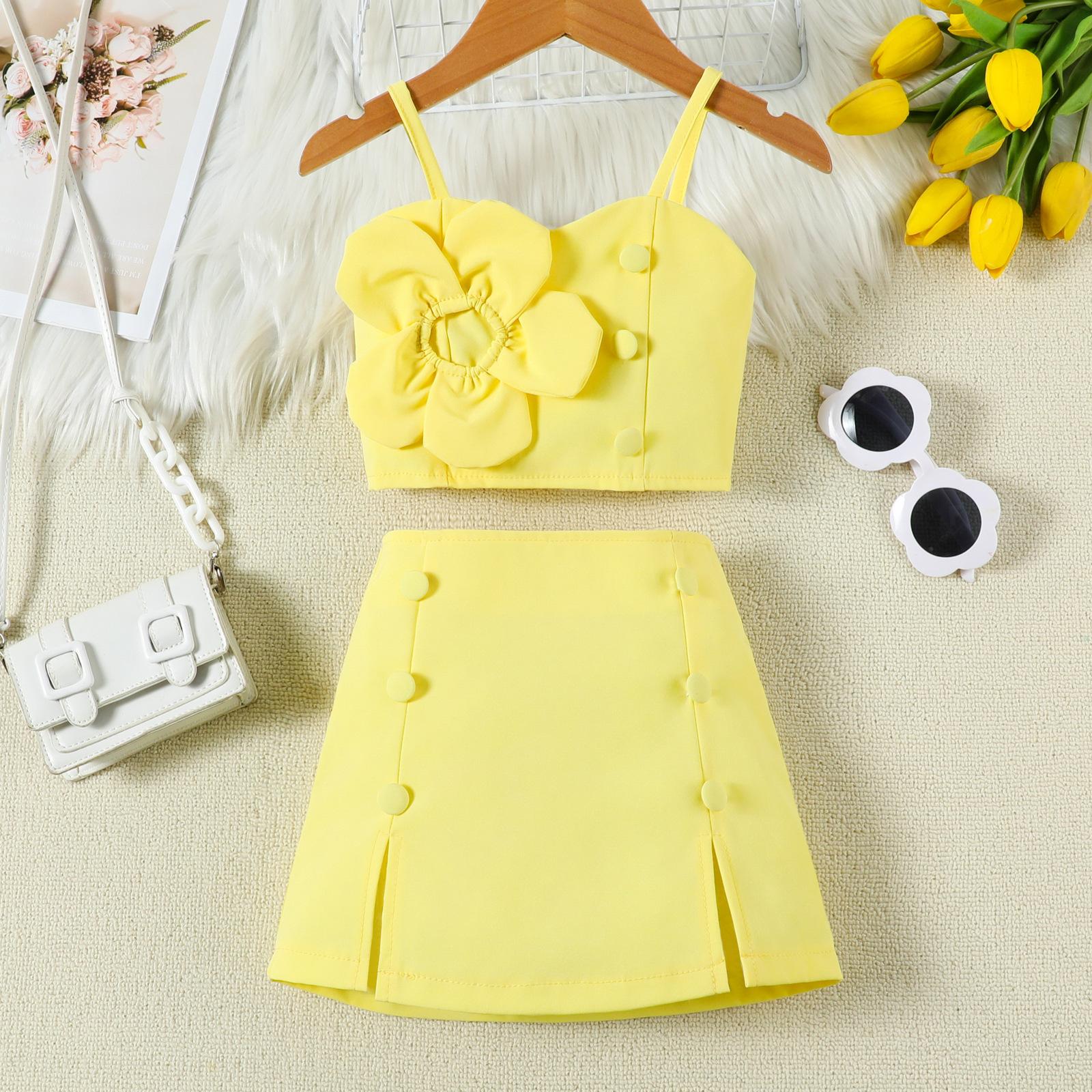 

Летняя одежда для девочек 1-6 лет, детский комплект из топа с цветочным принтом и короткой юбки, юбка для девочки с коротким рукавом 130cm жёлтый