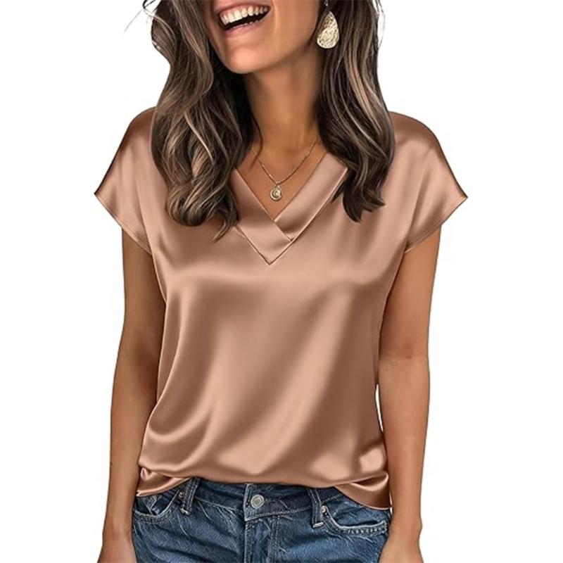 Damen Oberteile Mode Lässig V-Ausschnitt Kurzarm Bluse Business Lässige Oberteile Satin Seide Sommerhemd Arbeits Tuniken Oberteile