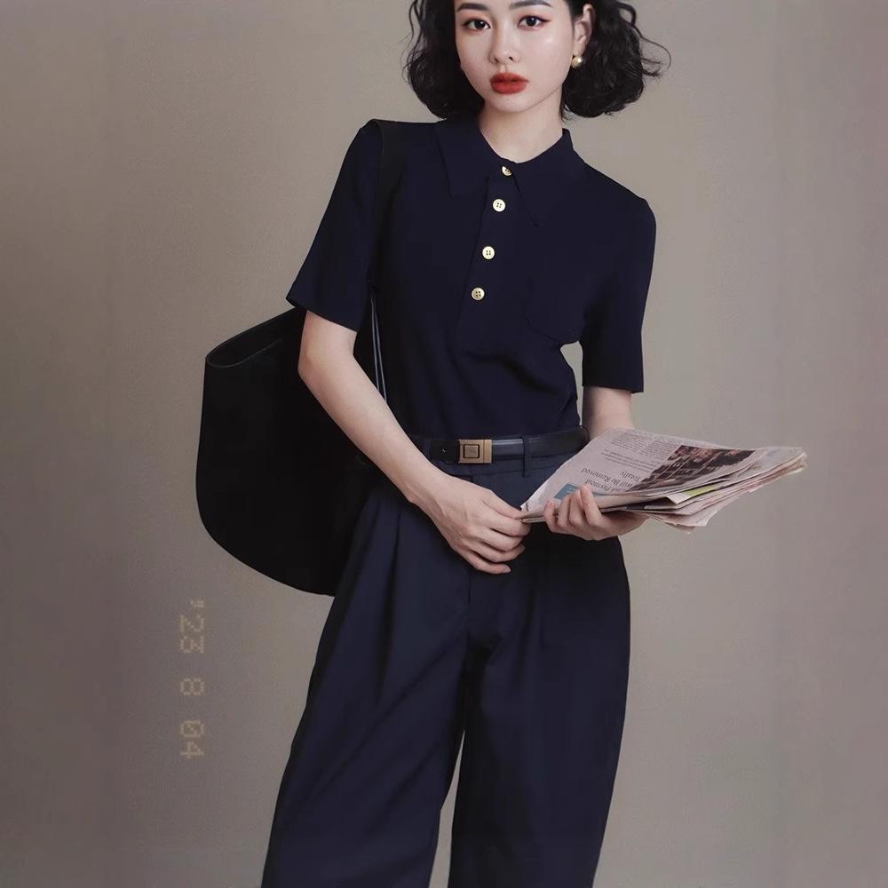 Polo Lapel Ice Silk Knitted Sweater Short-sleeved Women's Summer Thin and Thin Temperament Pocket T-shirt Versatile and Half, Cardigan