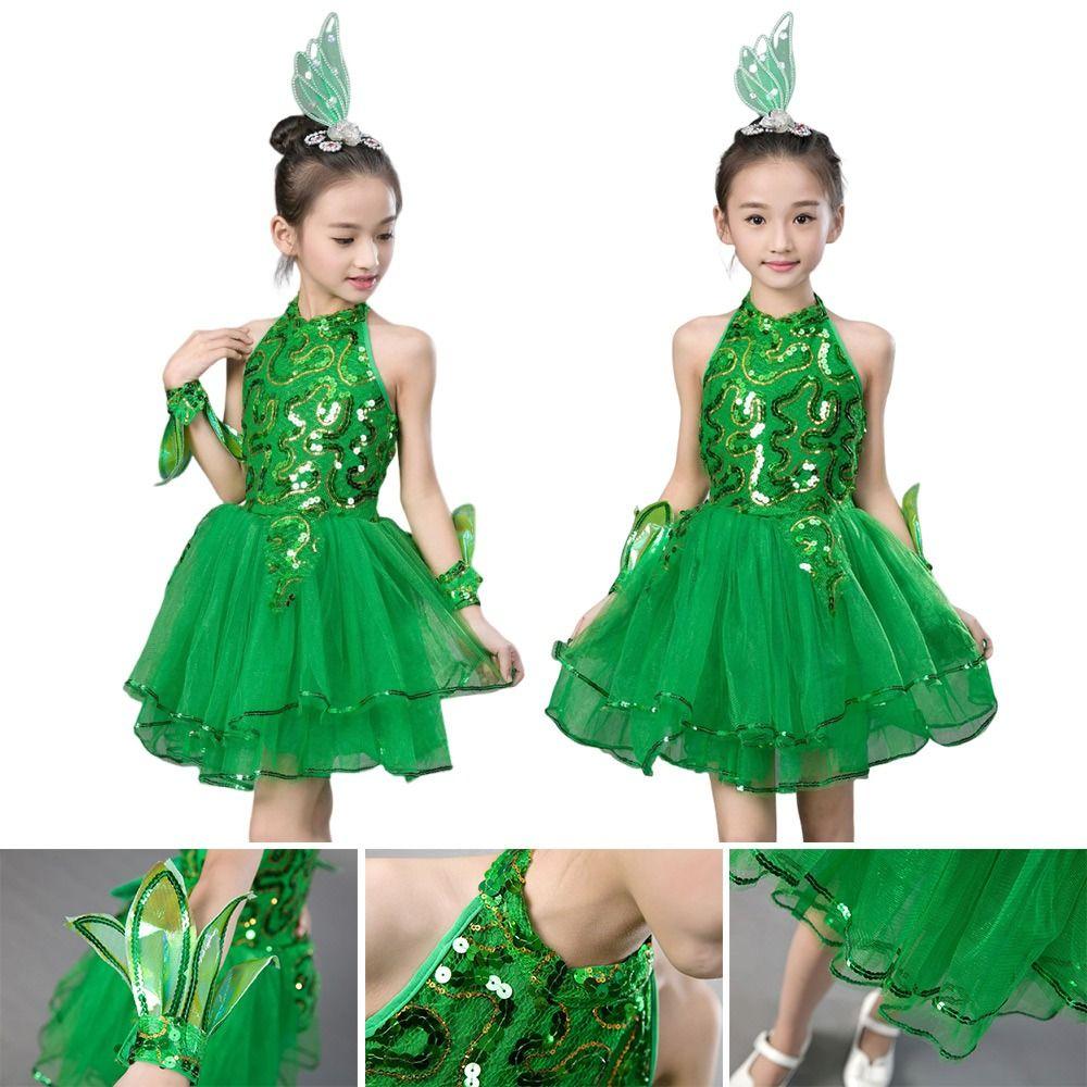 Vestito da Ballo Balletto Bambina Verde Paillettes con Copricapo Polsini Vestito Gonfio Bambine Ragazze