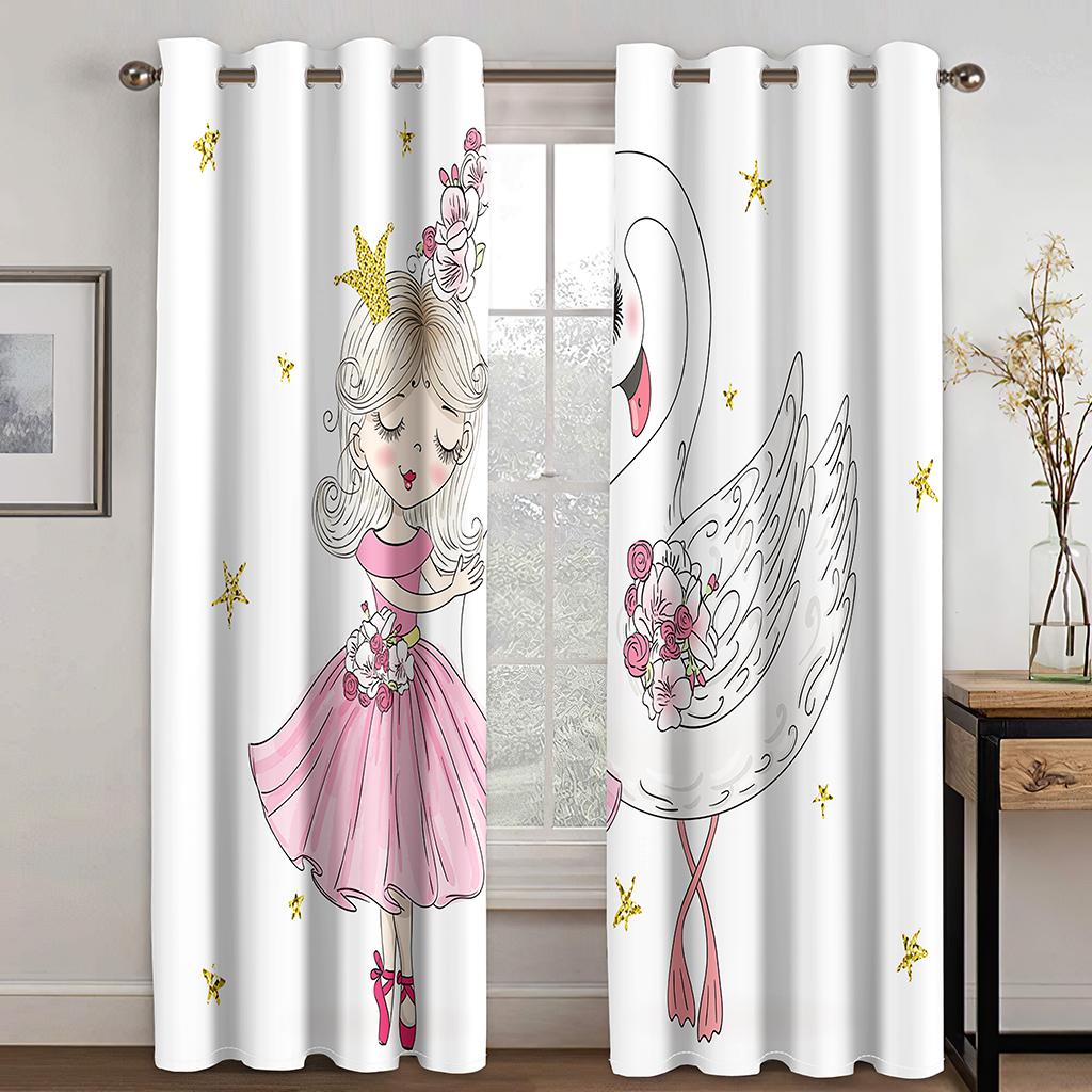 2Panels Pink Princess Dancing Curtains for Kids Girls Bedroom Living Room Window Blinds Floor-to-ceiling Windows Grommet Top