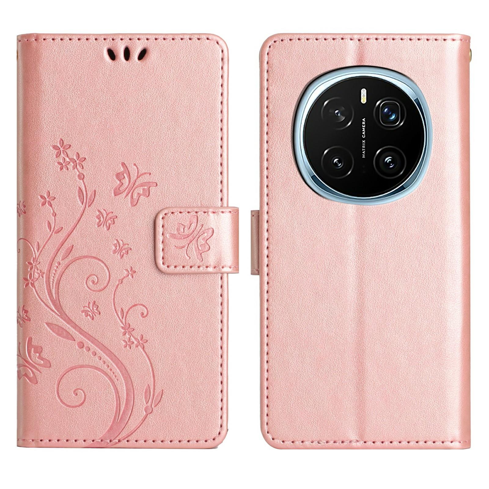 

For Honor Magic7 Pro 5G Leather Wallet Case Butterfly Flower Imprinted Phone Cover with Strap Rose Gold