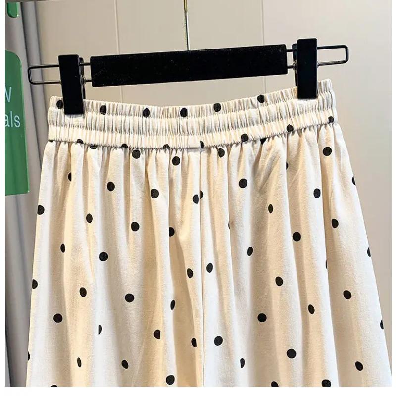 2026 Summer Cotton Linen Polka Dot Trousers Women's Loose Wide Leg Versatile Nine Point Harem Pants Korean Version Lantern Pants