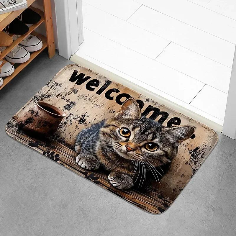 Vintage Welcome Cat Bedside Rug Flannel Non Slip Soft Bedroom Floor Mat