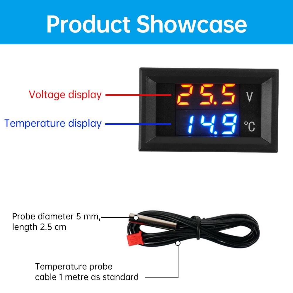 DC 4-28V Voltmeter Thermometer Voltage and Temperature Real Time Monitoring LED Digital Display with NTC Probe Cable -50-125℃