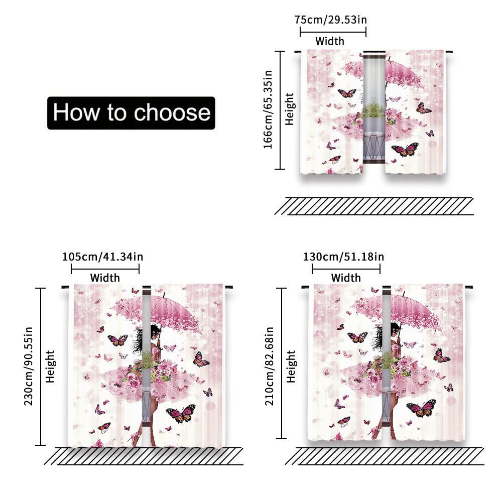 2Pcs Feminine Curtain With Floral Umbrella And Dress Walking With Butterflies For Bedroom Living Room And Dining Room