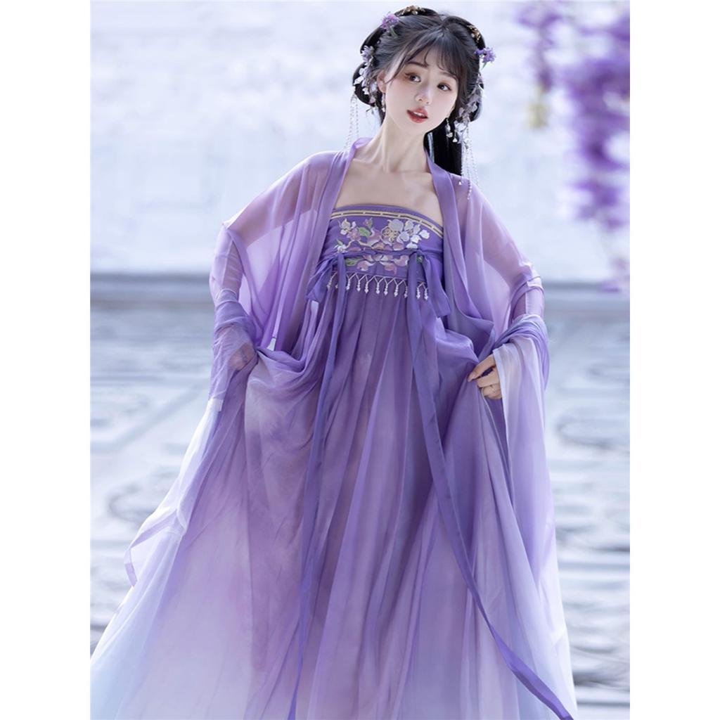Chinese Tang Dynasty Style Hanfu Cherobalan Skirt Chest-high Embroidered Purple Daily Suit For Women