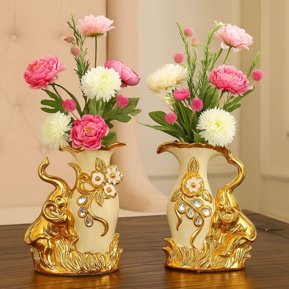 European Style Elephant Vase Modern Flower Container Flower Holder Ceramic Gold Vase  Dining Table