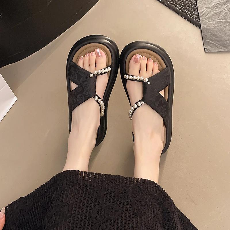 Fashion Women's Fashion Slippers Round Toe Platform Sole Pearl Anti-Slip Sole Shoes Women Dress Outdoor Retro Ethnic Zapatillas De Mujer