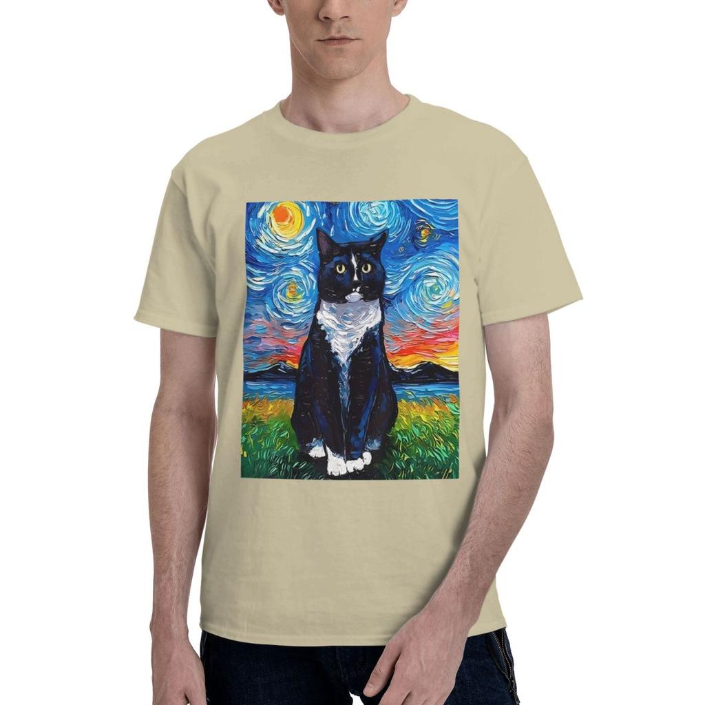 Black And White Cat Starry Night Print 100 Cotton Casual Breathable Confortable Men Top Mens Clothing Brands Men TShirt