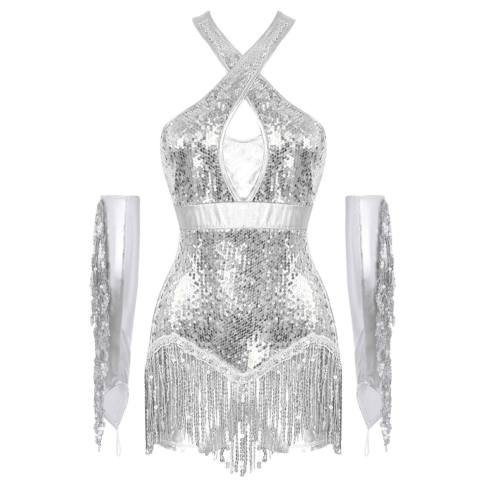 

Women Latin Cha Cha Leotard Cross Front Glitter Sequins Tassel Design Metallic Gloves Performance Costume S