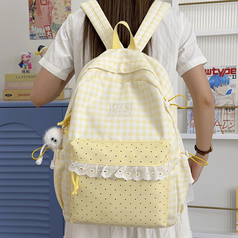 Schoolbag Casual Versatile Plaid Polka Dot Lace Backpack Girl Heart Japanese Sweet Wind Student Party Backpack Girl