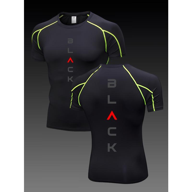 Men's Compression Shirt Quick Dry Black Gym T-Shirt "BLACK" Letter Print Workout Sportswear