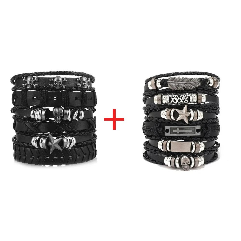1 Mode-Armband Wikinger-Armband Für Männer Handgelenk-Armbänder Geflochtenes Totenkopf-Hand-Schmuckstück Verstellbares Leder-Set-Armband Für Leder