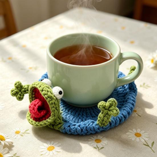 Funny Crochet Lizard Coaster, Handmade Knitted Animal Cup Mat, 3D Flip Design Drink Coaster for Desk, Cute Heat Resistant Table Protector