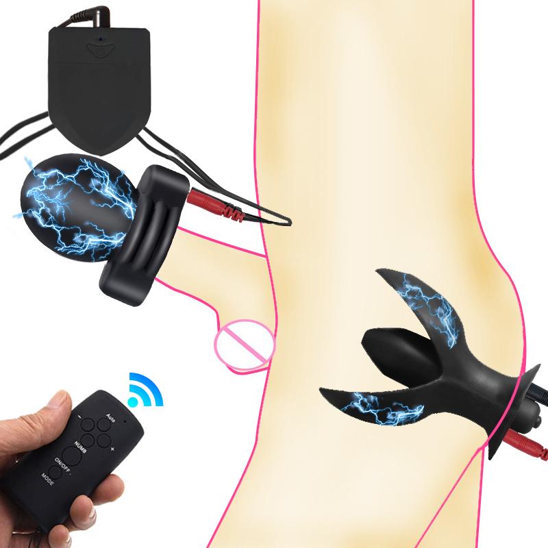 Electro Shock Glans Trainer Massage Cup Men Delay Training Masturbator  Electric Stimulator Anal Plug With Vibrator Sex Toys
