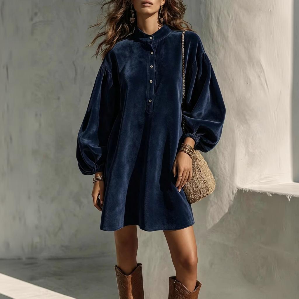 Women's Color Button Front Dress with Sleeves and Stand Collar for Casual Wear