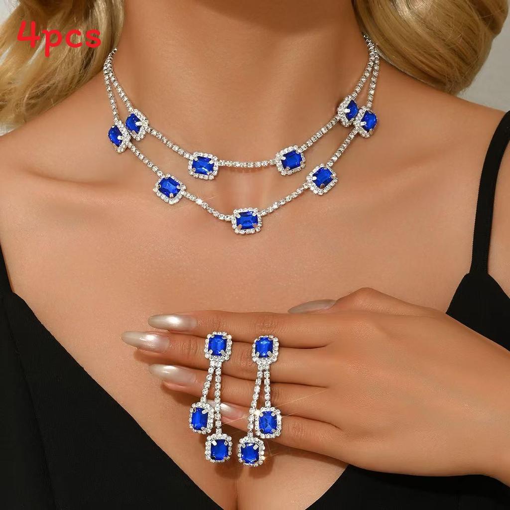 Geometric Double Layer Collar Necklace With Water Diamond Pendant For Women