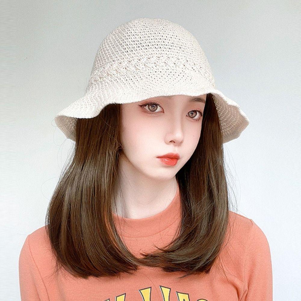 Women Girls Spring Straight Bob Wigs Fisherman Hat Wig Sunshade Hat Short Wigs Bucket Hat Fake Hair