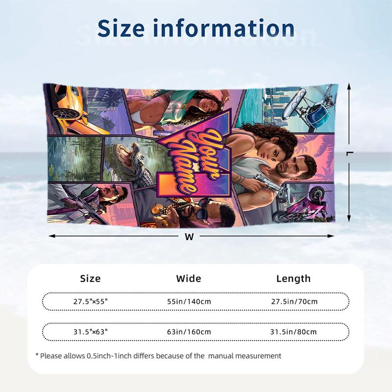 GTA Beach Towel, Personalized Custom Text, Quick Dry Soft Large Towel For Swimming Pool Travel