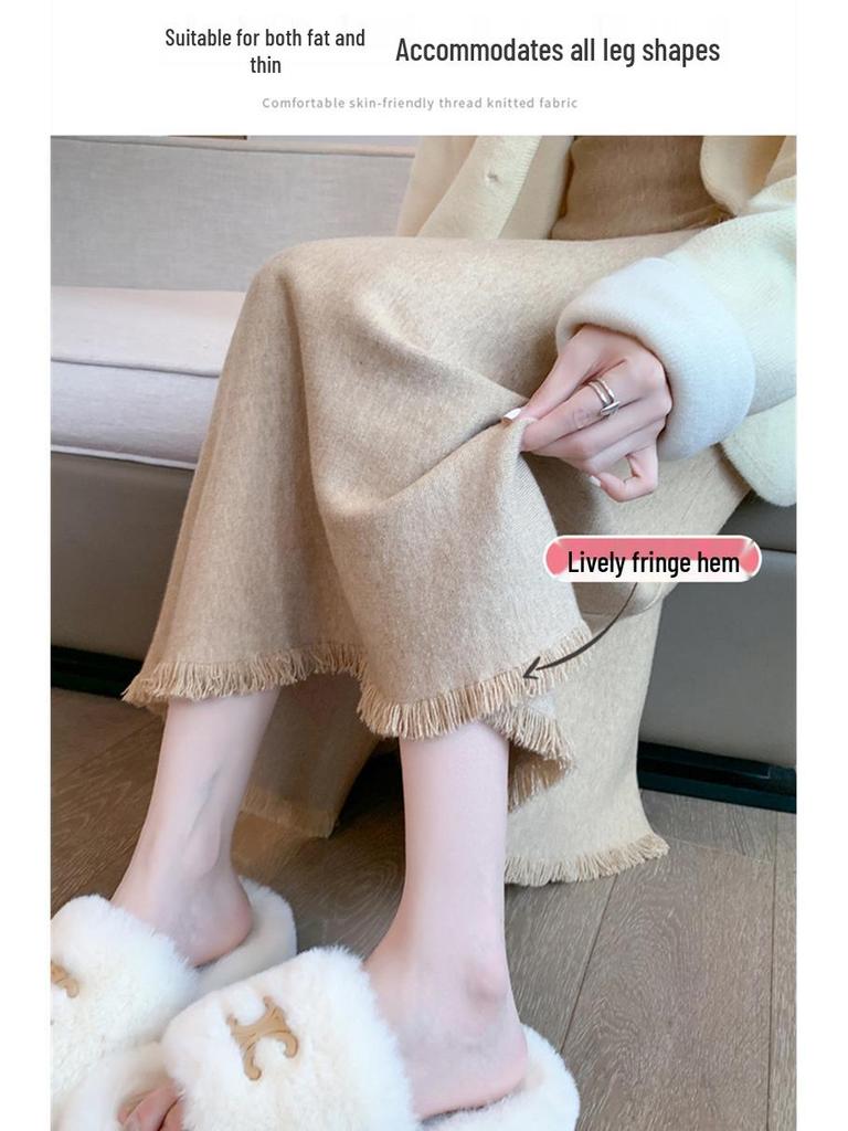 KANING Damen Quasten Wollstrick High Waist Midi Rock - Schlankmachend Unifarben für Herbst/Winter