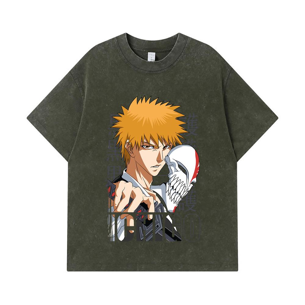 

275 GSM Washed T-shirts 100% Cotton Bleach V5 Ichigo Print Unisex Heavy Cotton T Shirt S армия зеленый