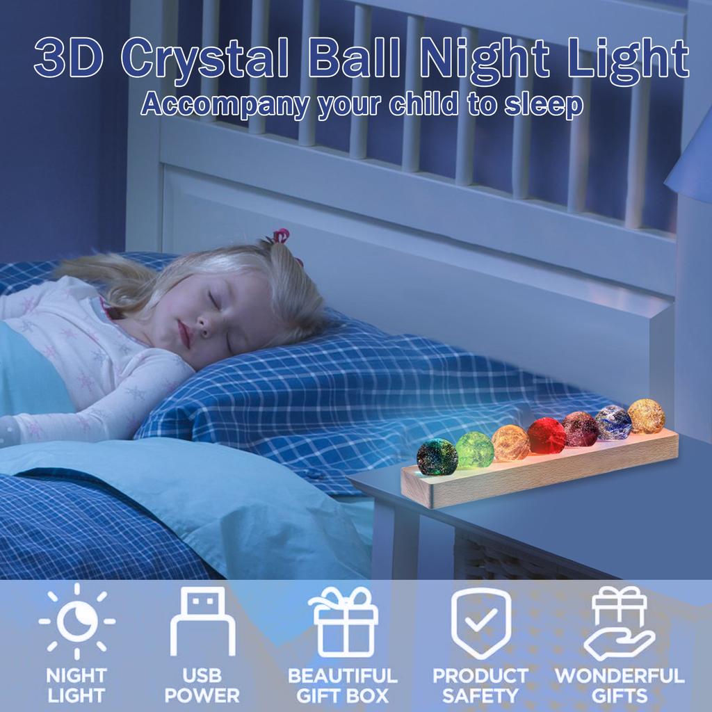 LED 7 Colorful Glass Ball Detachable Rectangle Base Crystal Ball Night Lamp Shiny Multi-purpose Crystal Ball with Wood Stand