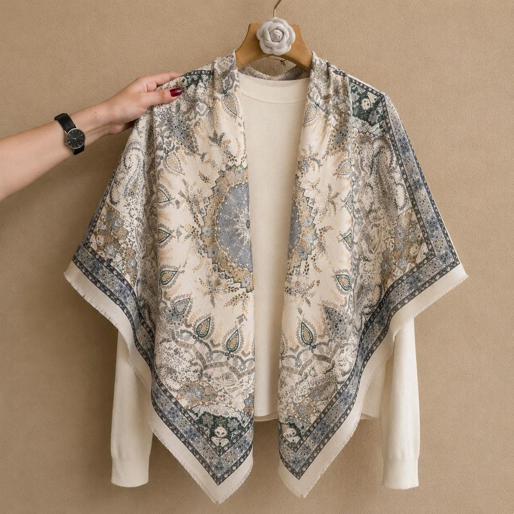 oversized beige flower travel sunscreen sunshade cotton and linen scarf women's silk scarf 111cm large square scarf shawl dual-purpose
