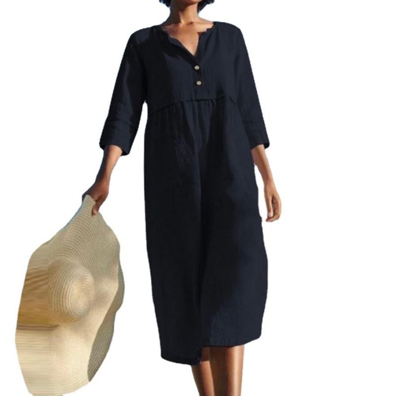 Φόρεμα Μονόχρωμο με Στρογγυλή Λαιμόκοψη, Τσέπη με Κουμπί στο Μανίκι