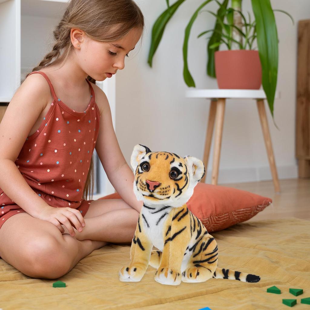 POPETPOP Tiger Plush Toy, Realistic, Year of the Tiger, 27cm, Fluffy Animal, Yellow, 27x15cm