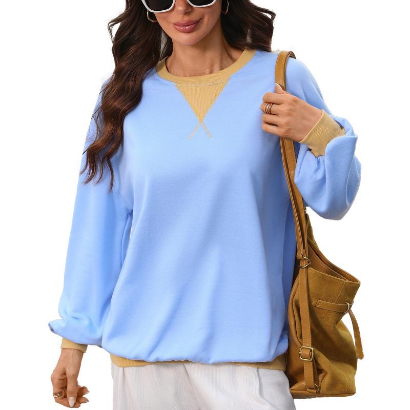 Women Loose Color Block Crew Neck Long Sleeve Casual Pullover Sweatshirt