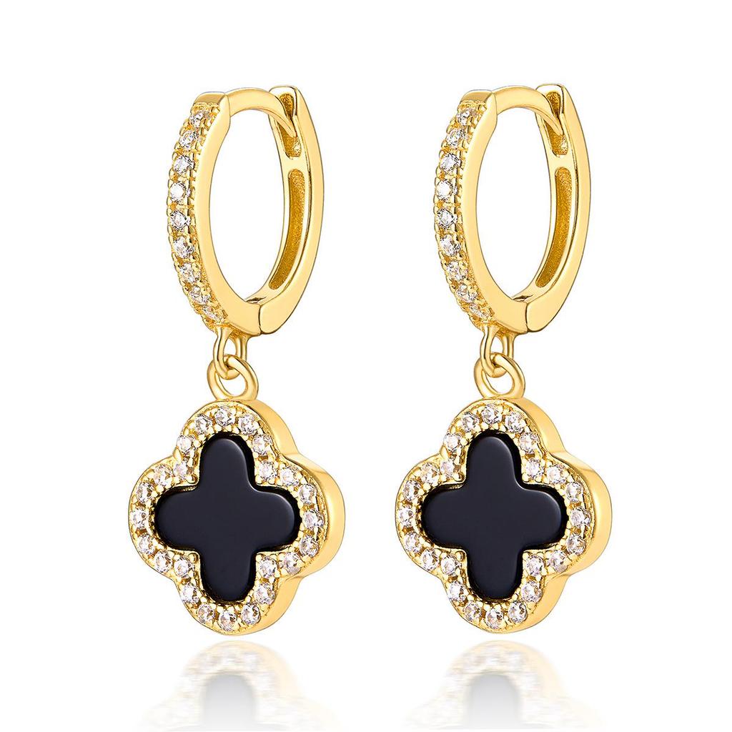 S925 Sterling Silver Four-Leaf Clover Earrings with Zircon, Black Agate, and White Mother-of-Pearl for a Luxurious High-End Look.