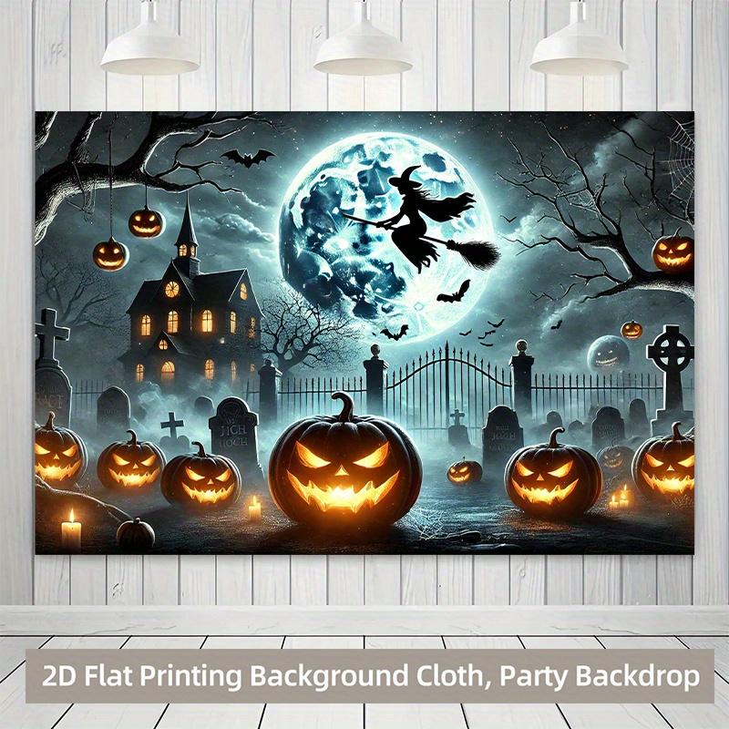 1 Piece of 2D Background Fabric, a Polyester Banner Featuring a Night-time Pumpkin Lantern and a Witch Flying.zyc