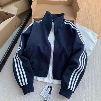 Unisex Dark Blue Three-Stripe Stand Collar Hoodie Jacket for Autumn/Spring