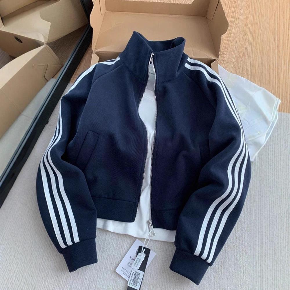 Unisex Dark Blue Three-Stripe Stand Collar Hoodie Jacket for Autumn/Spring