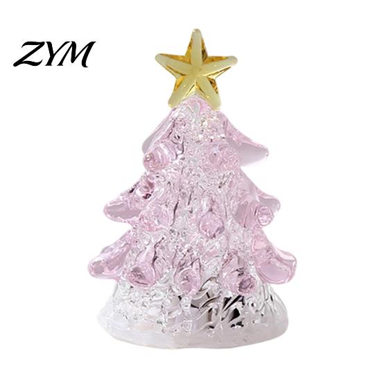 Clear Glass Tree with Gold Star Handmade Christmas Lighted Figurine, Mini Luminous Xmas Miniature Crystal Ornament Night Light, Art Tabletop